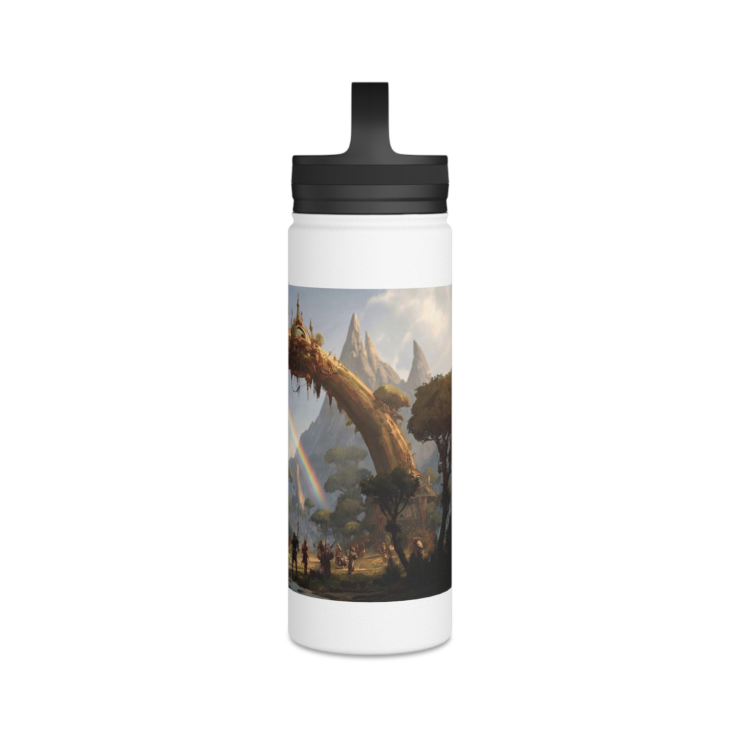 Arcane Grove Gateway Water Bottle – Handle Lid – Twin Rainbows Over Ancient Tree Citadel