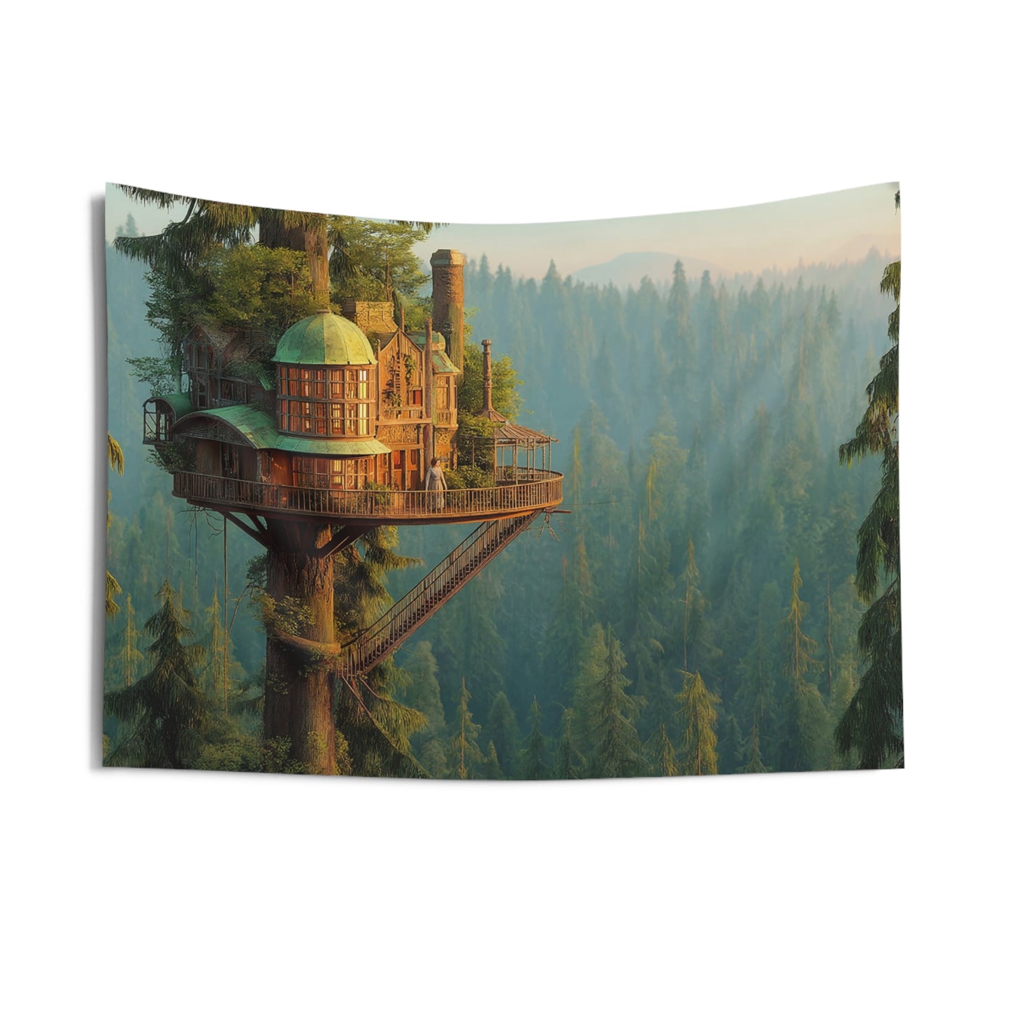 Treehouse Sentinel Indoor Wall Tapestries – Dawn’s Embrace in the Ancient Canopy