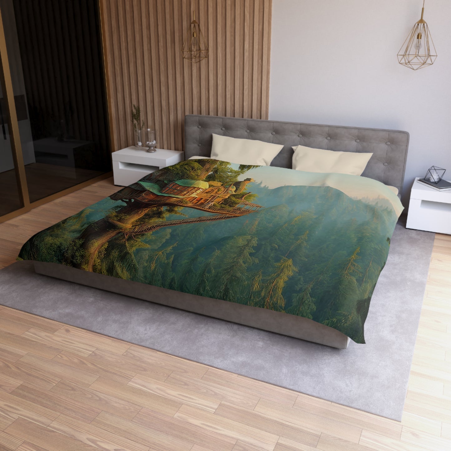 Treehouse Sentinel Microfiber Duvet Cover – Sunlit Canopy Sanctuary