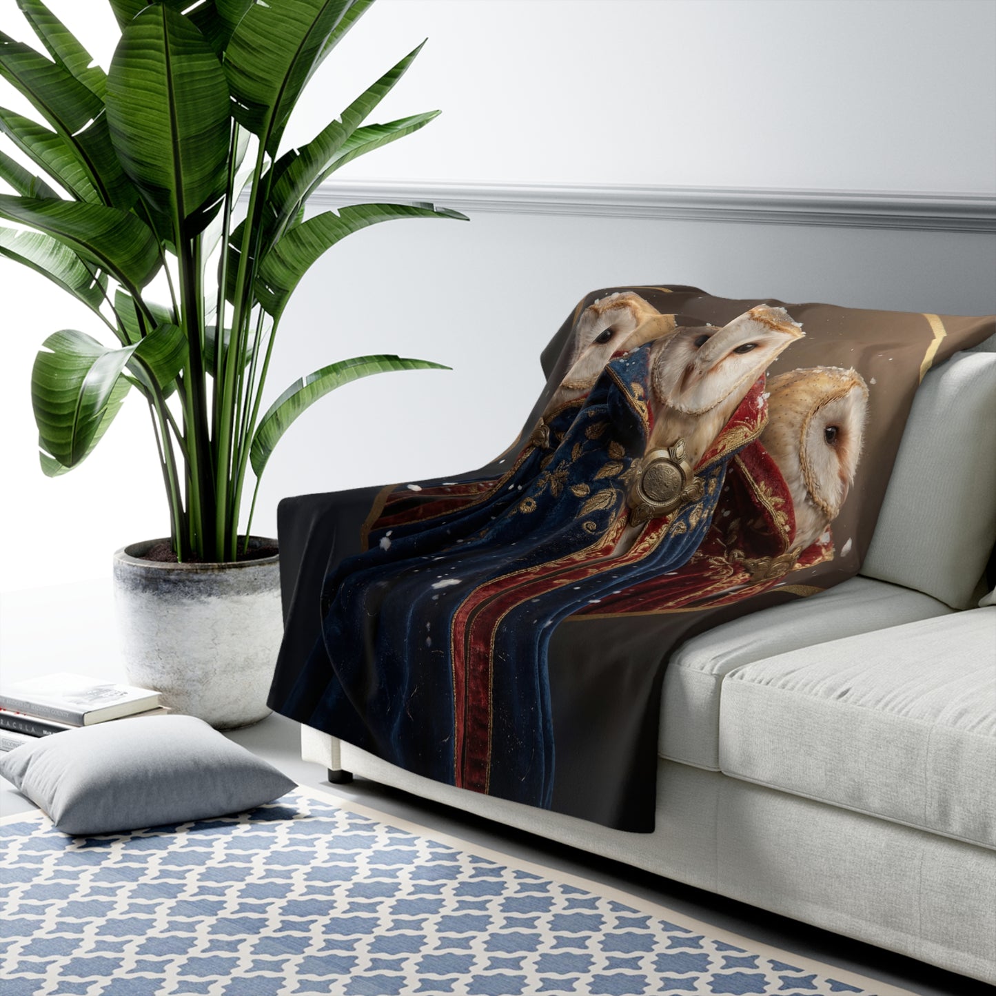 Three Owls in Regal Cloaks Sherpa Fleece Blanket – Winter Courtly Whispers