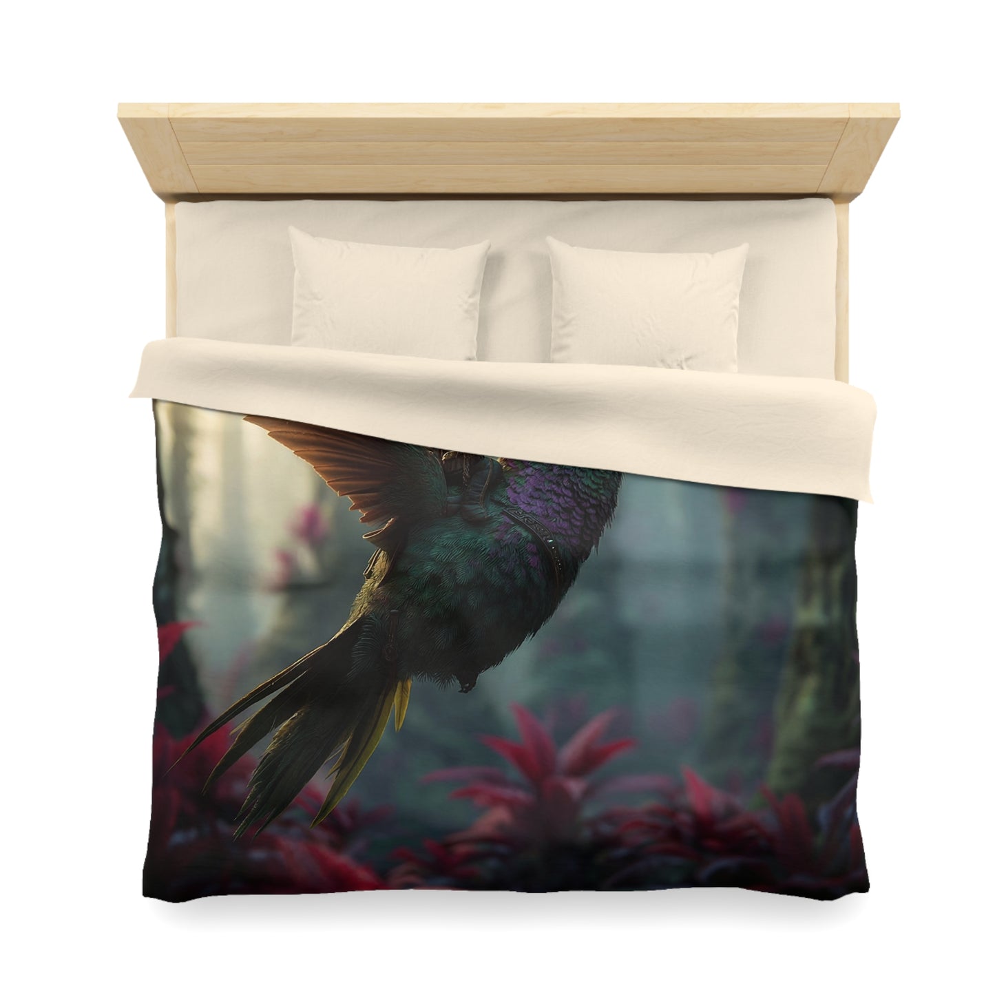 Hummingbird Rider Microfiber Duvet Cover – Dawn’s Whisper Through Emerald Canopy