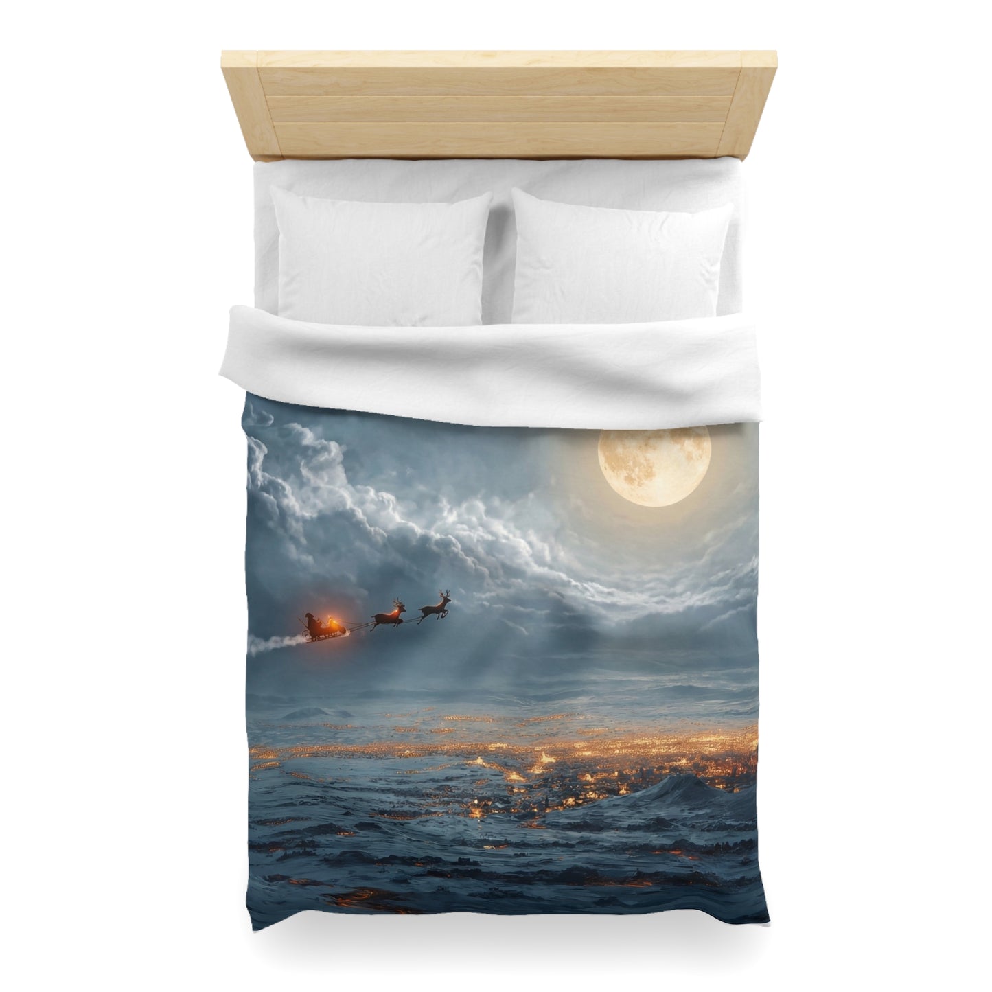 Lunar Sleigh Ride Microfiber Duvet Cover – Midnight Deliveries Over Frost-Covered Towns