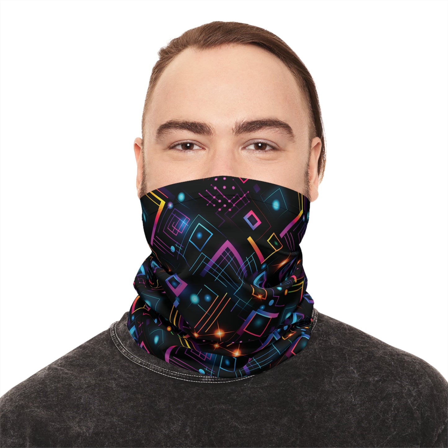 "A tiling pattern of abstract geometric shapes in neon colors with laser beam accents on a black background" - Lightweight Neck Gaiter