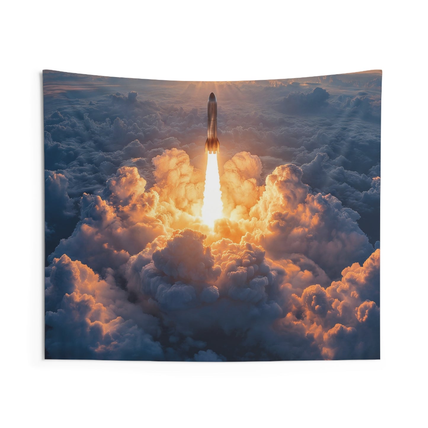 Sunburst Rocket Launch Indoor Wall Tapestries – Ascending Through Clouds at Dawn