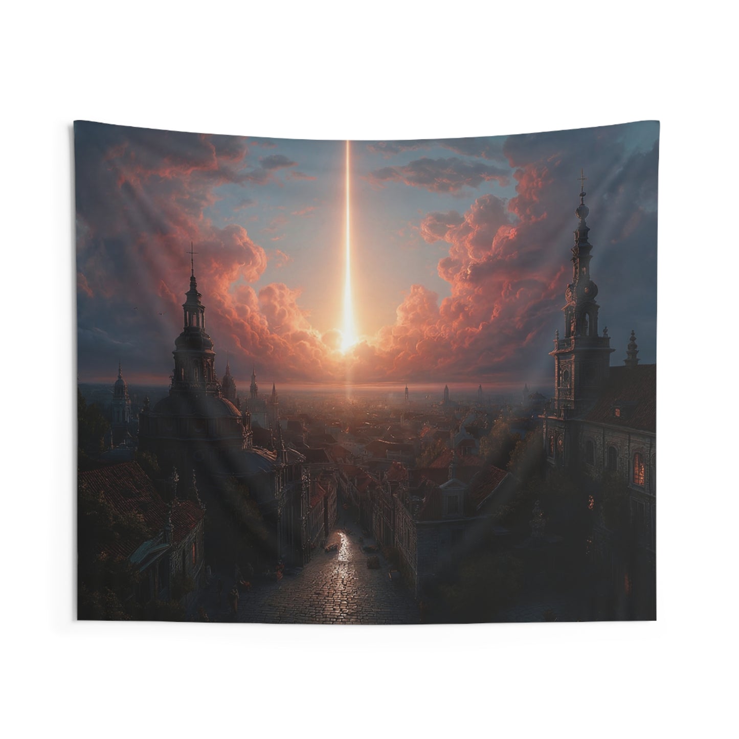 Celestial Beam Over Ancient City Tapestries – Twilight’s Divine Light