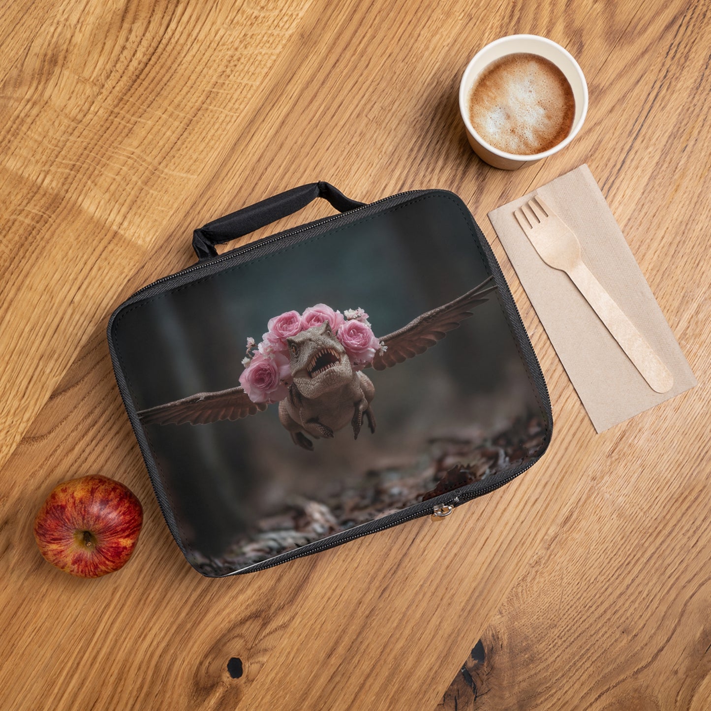 Rose-Crowned Tyrannosaur Lunch Bag – Forest Flight with Floral Fury