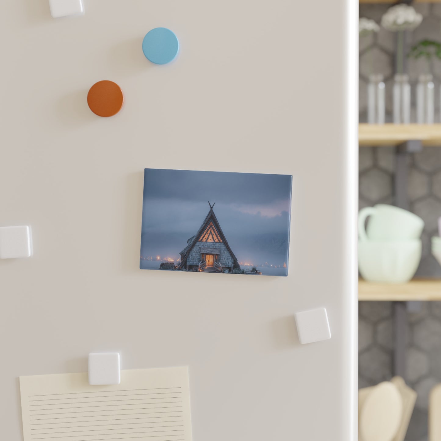 Arctic Chapel Button Magnet, Rectangle (1 & 10 pcs) – Warm Light in a Frozen World