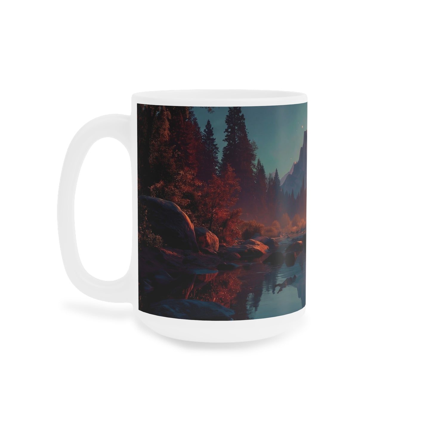 Starlit River Reflections Ceramic Mugs (11oz\15oz\20oz) – Half Dome’s Celestial Mirror