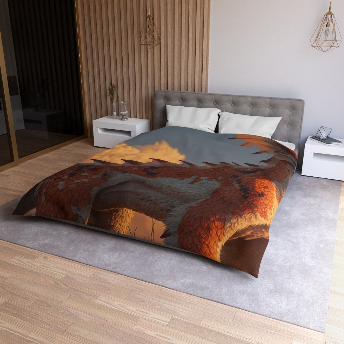 Sunset Sentinel Dragon Microfiber Duvet Cover – Warm Amber Glow in Wild Grass