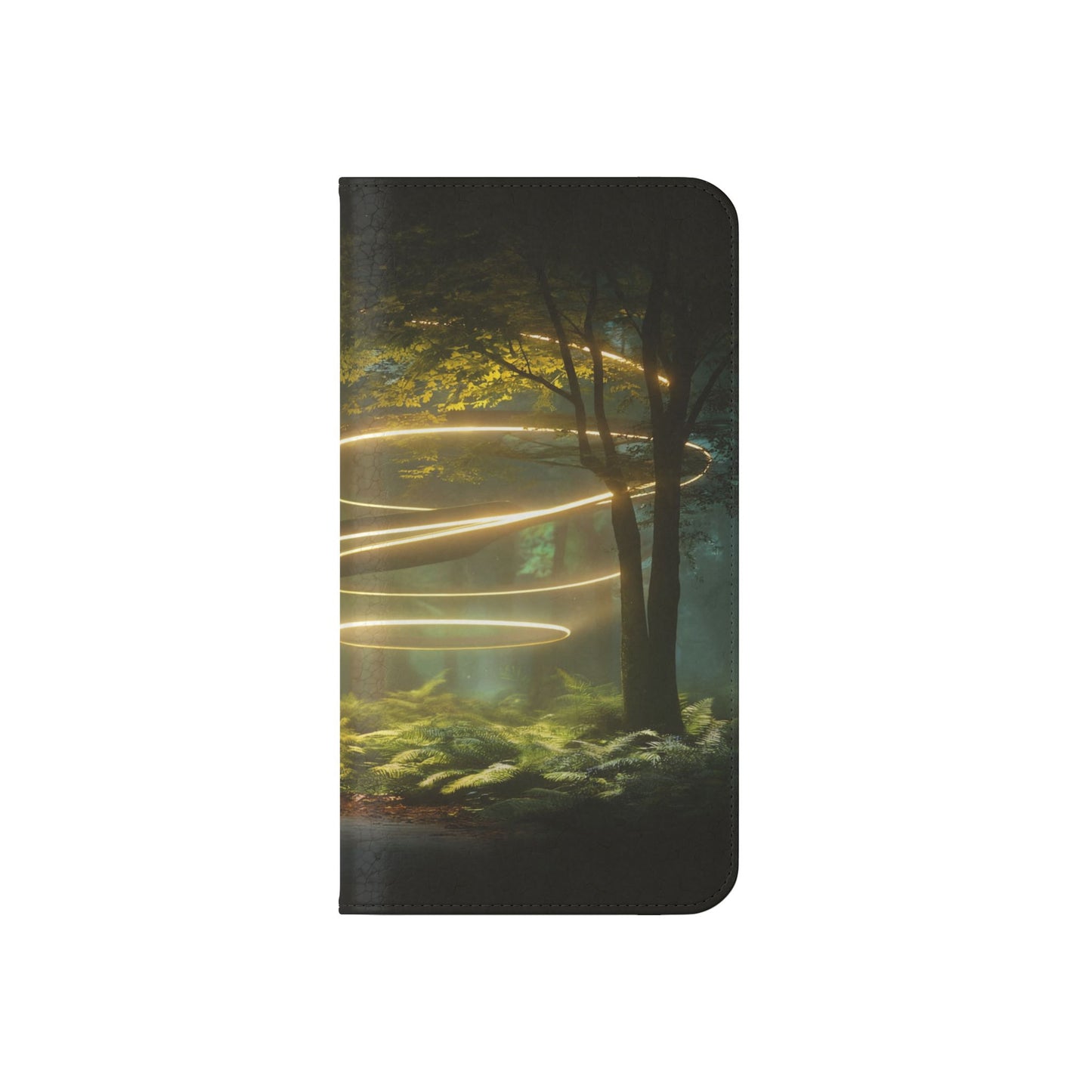 Luminous Spiral Forest Flip Cases – Golden Light Rings Mystery Scene