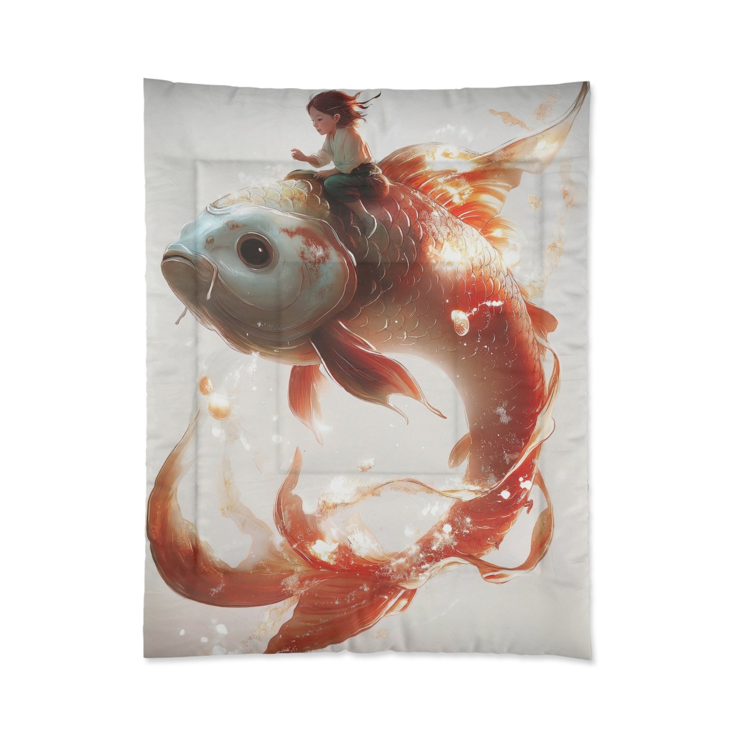 Child on Celestial Koi Comforter – Warm Glow Through Liquid Light