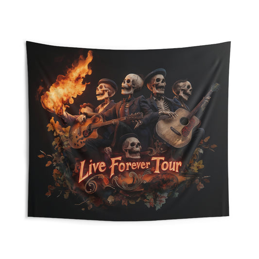 Skeleton Band Live Forever Tour Indoor Wall Tapestries – Fiery Guitarists in Velvet Shadows