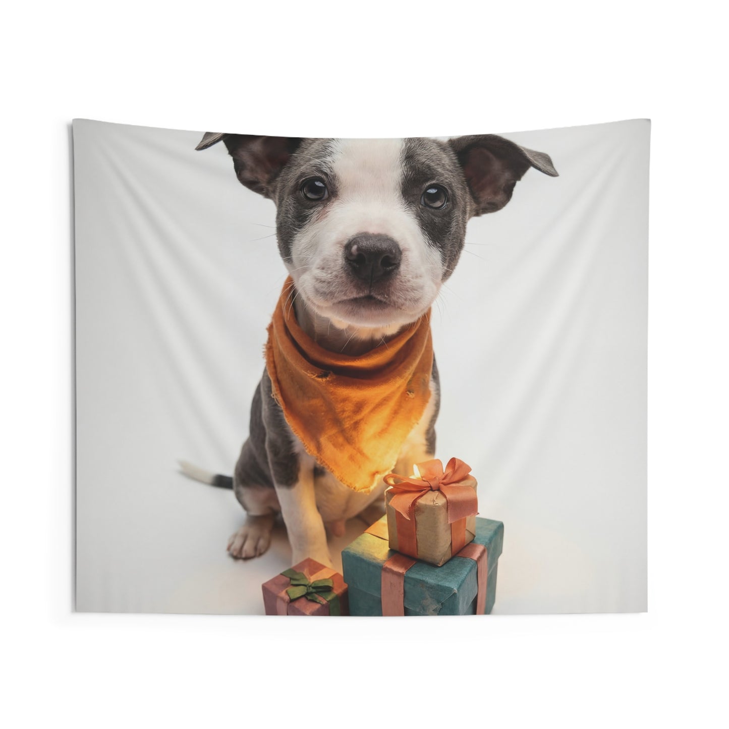 Curious Puppy with Gifts Indoor Wall Tapestries – Warm Orange Bandana and Gift Stack