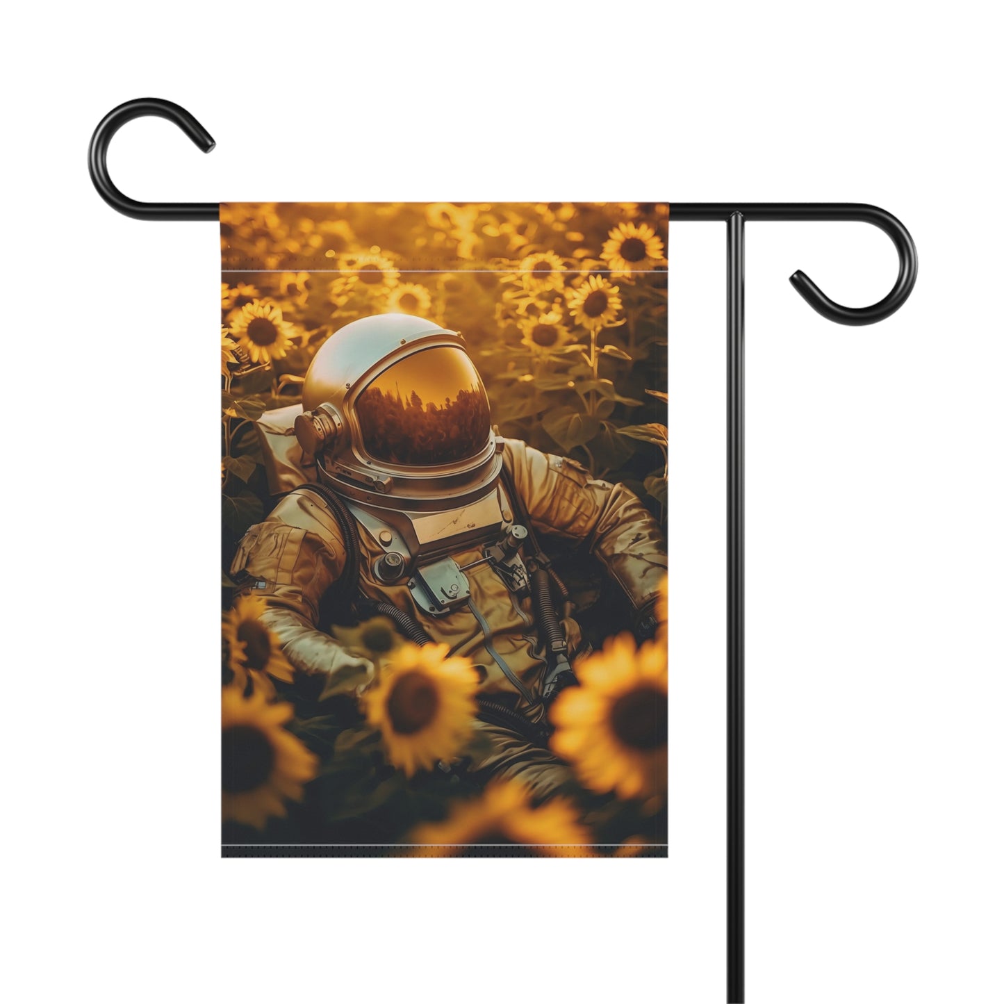 high texture quality photo of biomechanical astronaut lying in a meadow of sunflowers, golden hour, Leica 50mm, f1. 4, night - Garden & House Banner