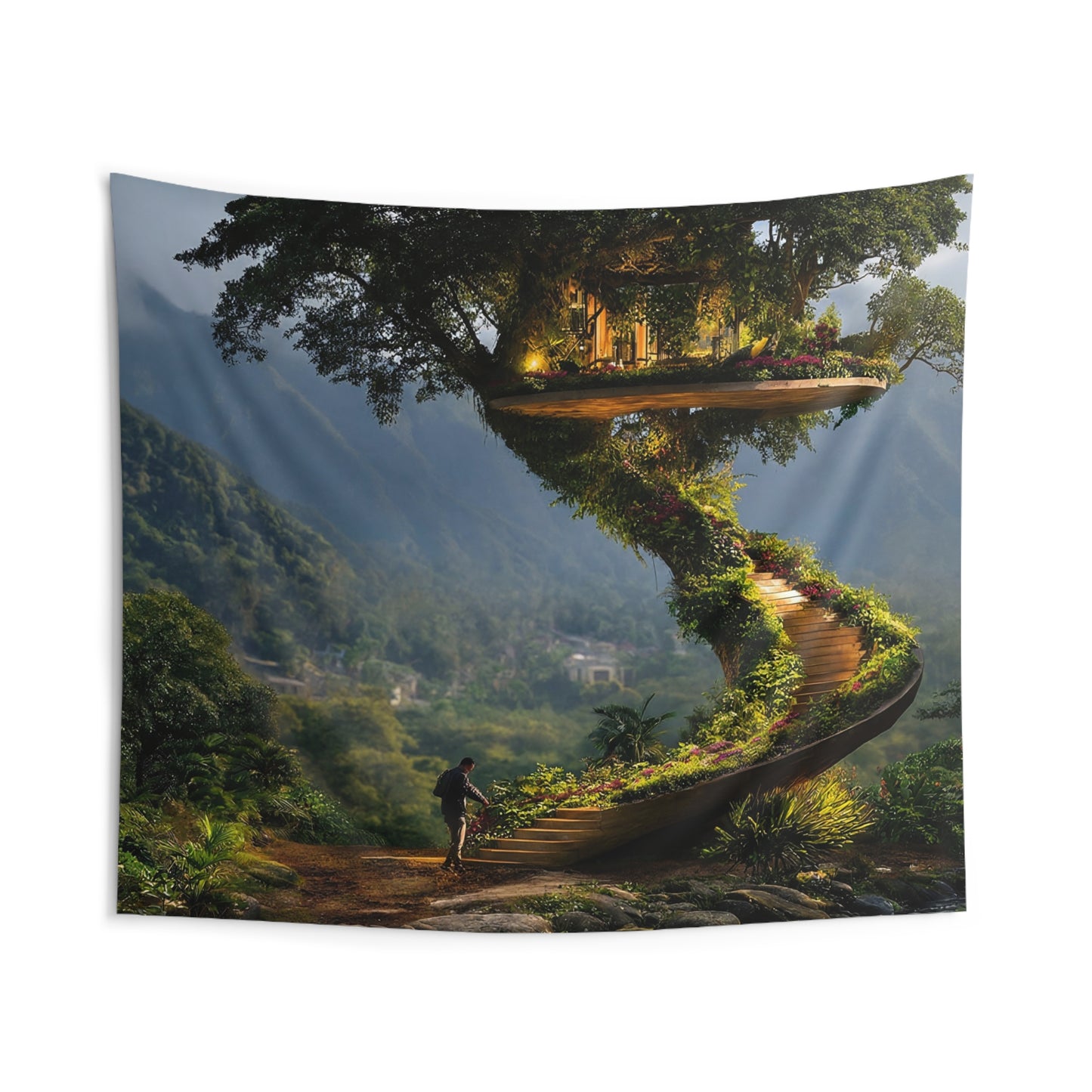 Treehouse Sanctuary Indoor Wall Tapestries – Spiral Staircase to a Mountain Dwelling