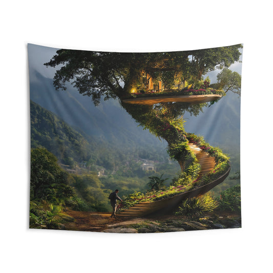 Treehouse Sanctuary Indoor Wall Tapestries – Spiral Staircase to a Mountain Dwelling