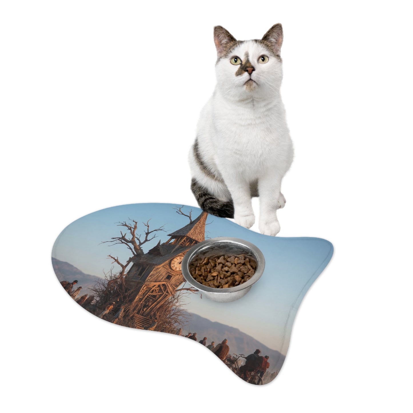 Driftwood Clock Tower Pet Feeding Mats – Post-Apocalyptic Travellers Scene