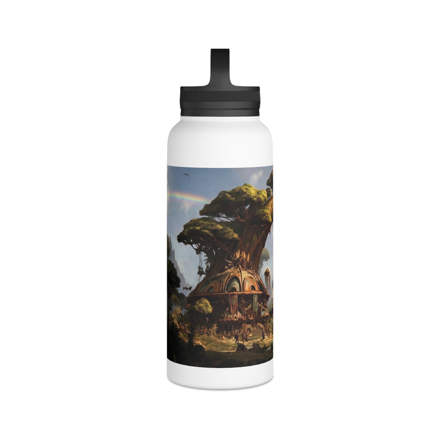 Arcane Grove Gateway Water Bottle – Handle Lid – Twin Rainbows Over Ancient Tree Citadel