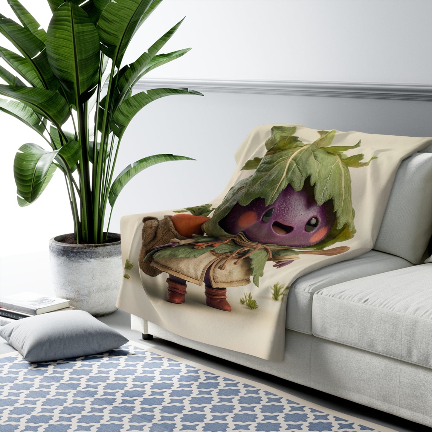 Veggie Knight Sherpa Fleece Blanket – Purple Eggplant Guardian with Carrot Satchel