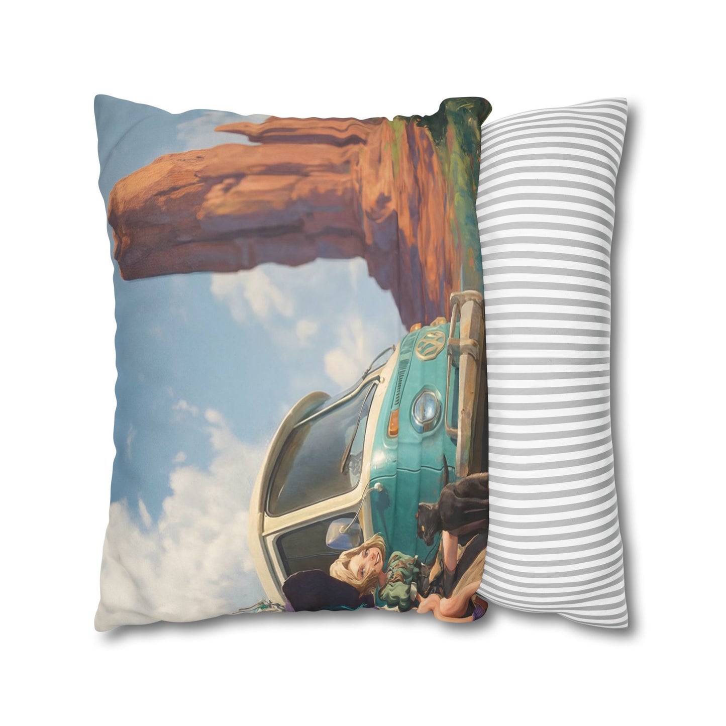 Wagon Ride Faux Suede Square Pillowcase – Desert Camper Adventure Scene
