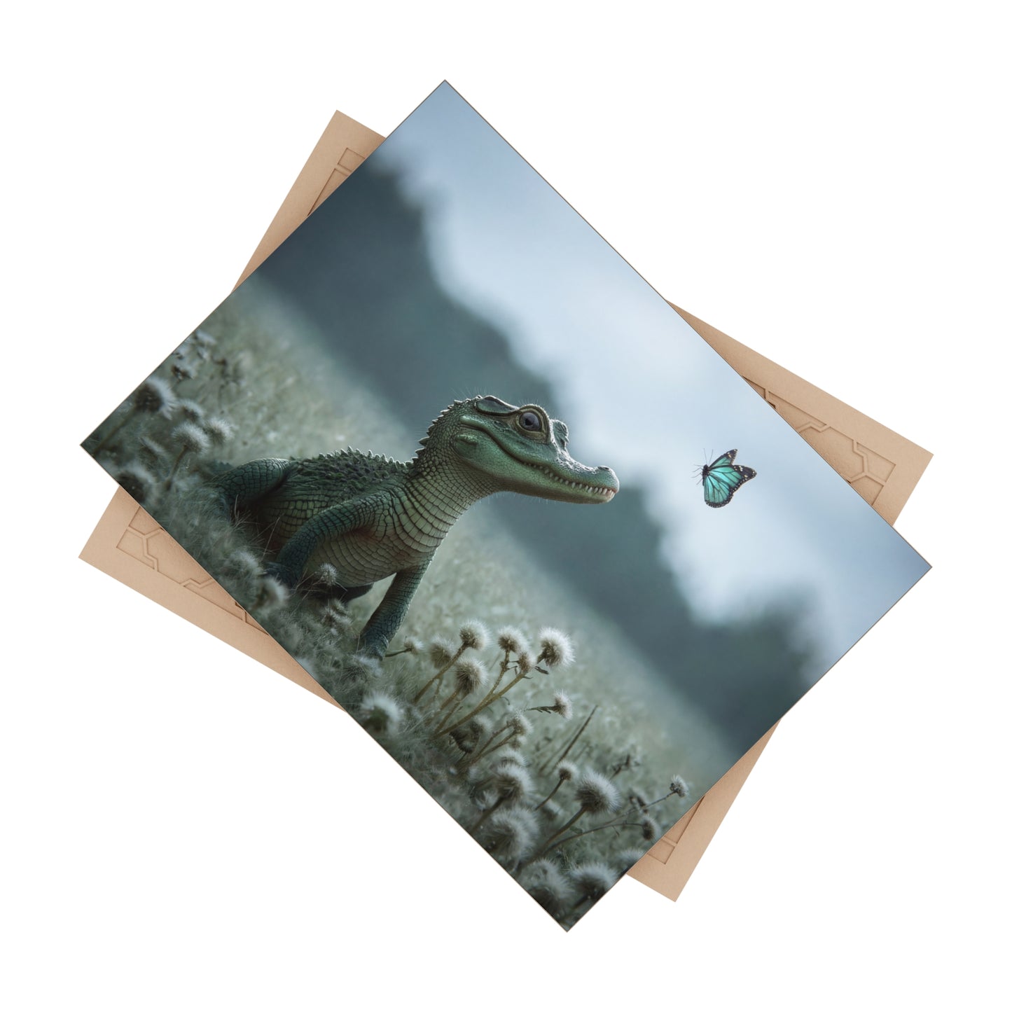 Curious Caiman Ceramic Photo Tile – Emerald Gaze Meets Azure Butterfly