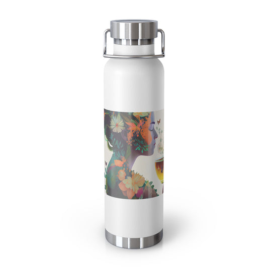 character design, double exposure shot, front profile of a beautiful tea faerie filled with a blooming amazonian jungle, happiness - Copper Vacuum Insulated Bottle, 22oz