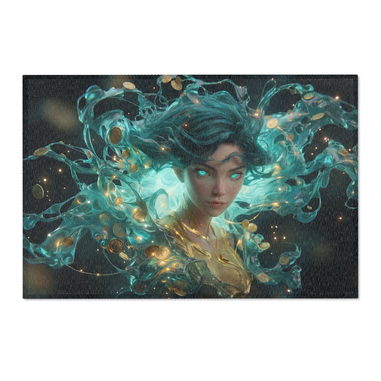 Liquid Starlight Sentinel Rug – Aura of Glowing Coins and Azure Veils