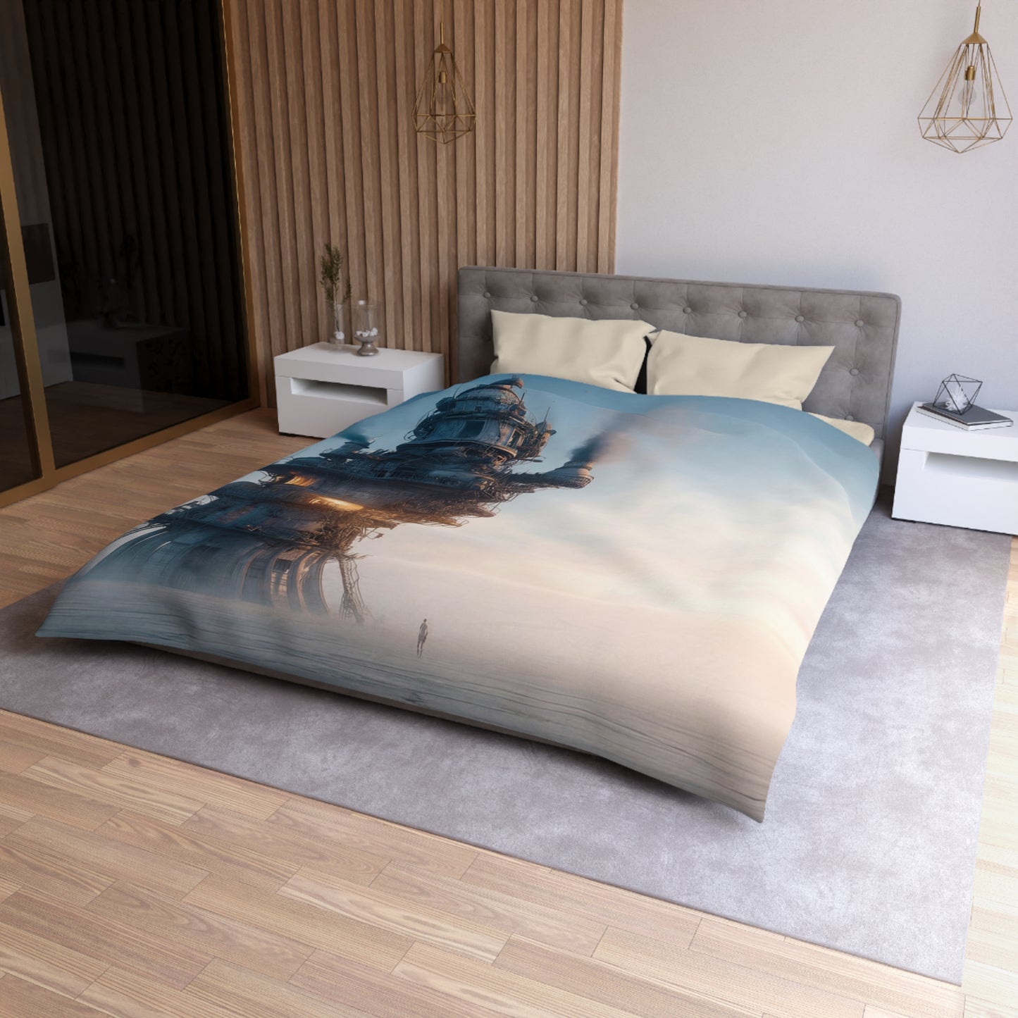 Skyward Steam Tower Microfiber Duvet Cover – A孤独 Sentinel in Dawn’s Hush