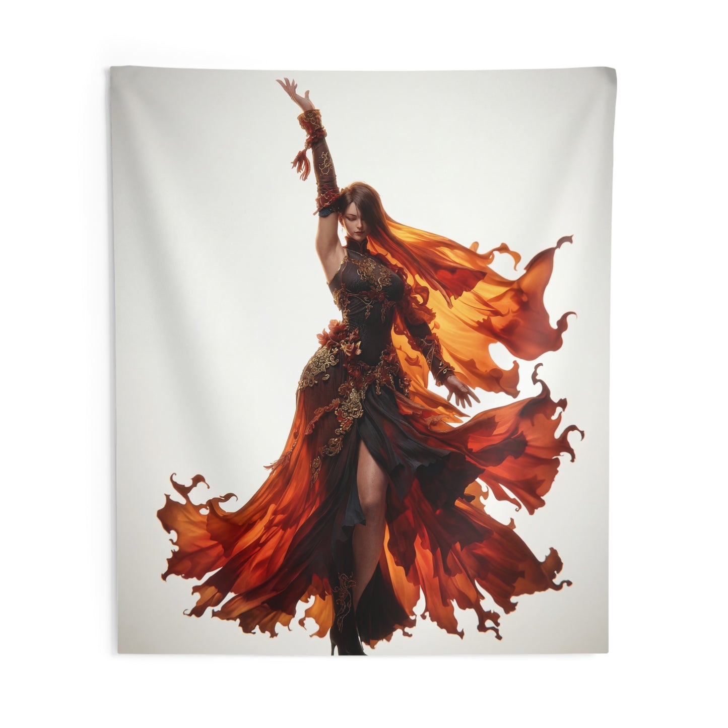 Flame-Dancer Goddess Indoor Wall Tapestries – Crimson Whirlwind Grace