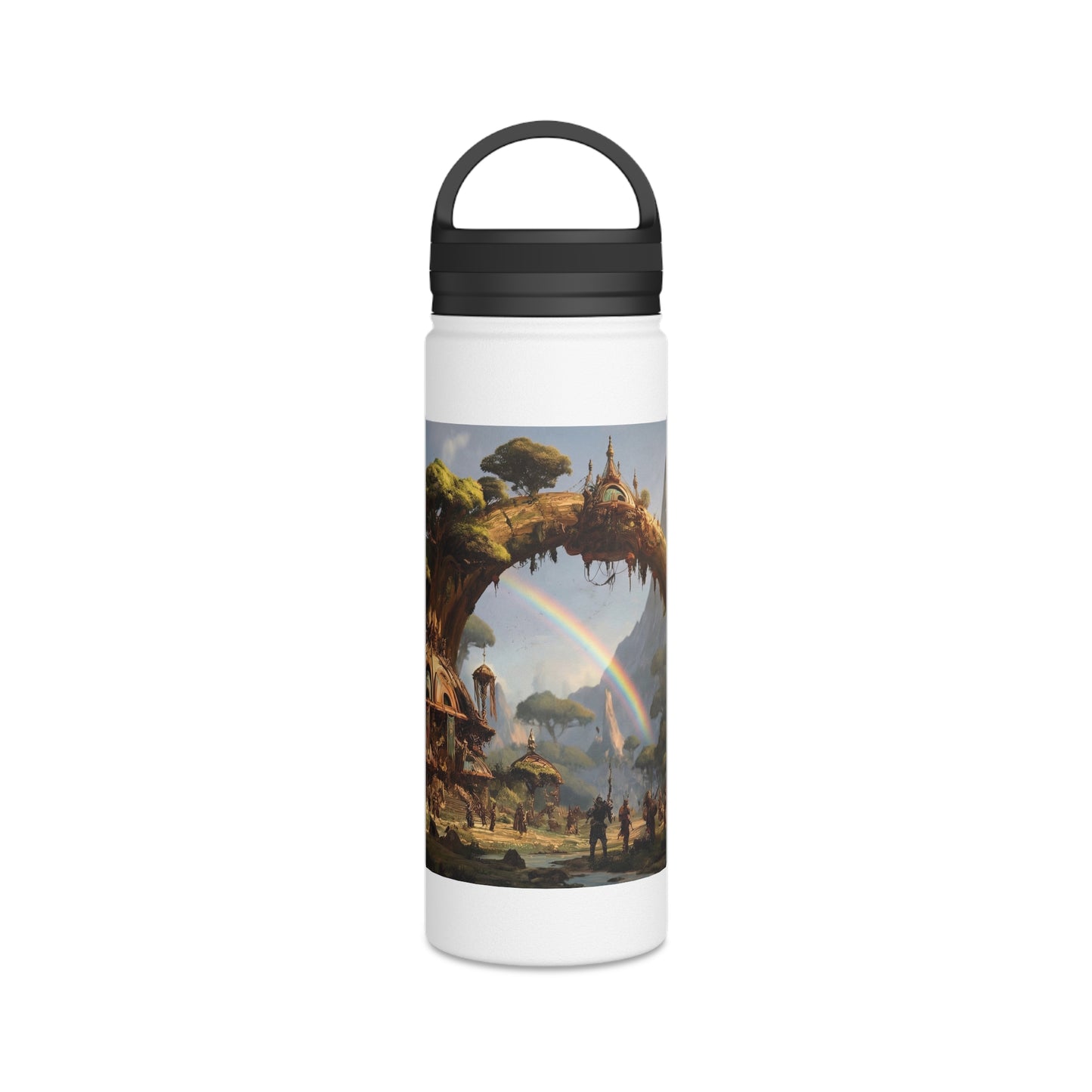 Arcane Grove Gateway Water Bottle – Handle Lid – Twin Rainbows Over Ancient Tree Citadel