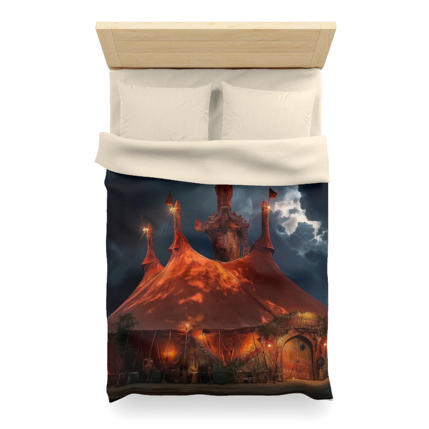 Crimson Carnival Tent Duvet Cover – City Lights Under Stormy Skies