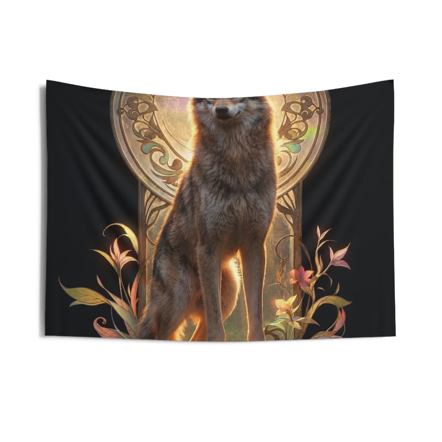 Regal Wolf Throne Tapestry – Golden Light and Art Nouveau Grace