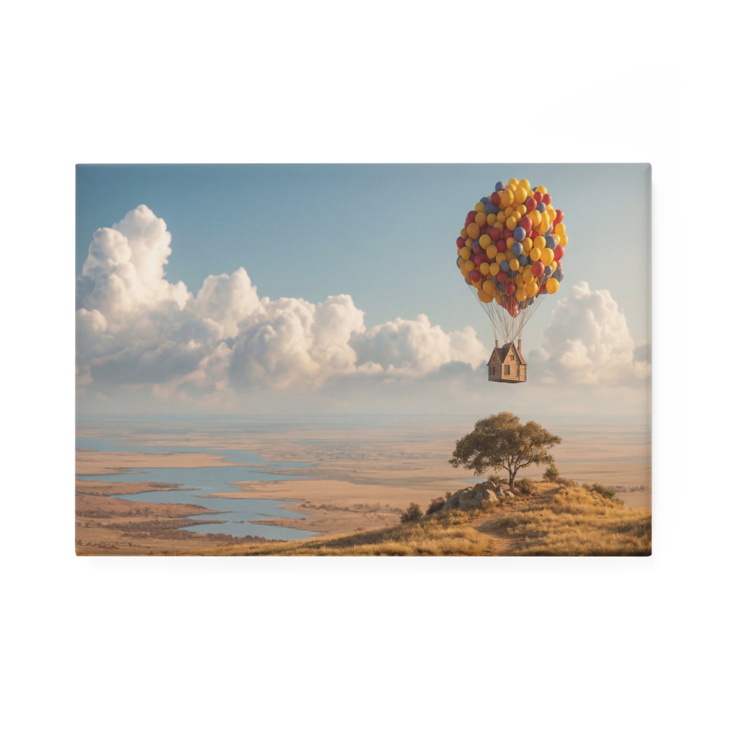 House on Balloons Button Magnet, Rectangle (1 & 10 pcs) – Skyward Escape Over Golden Hills