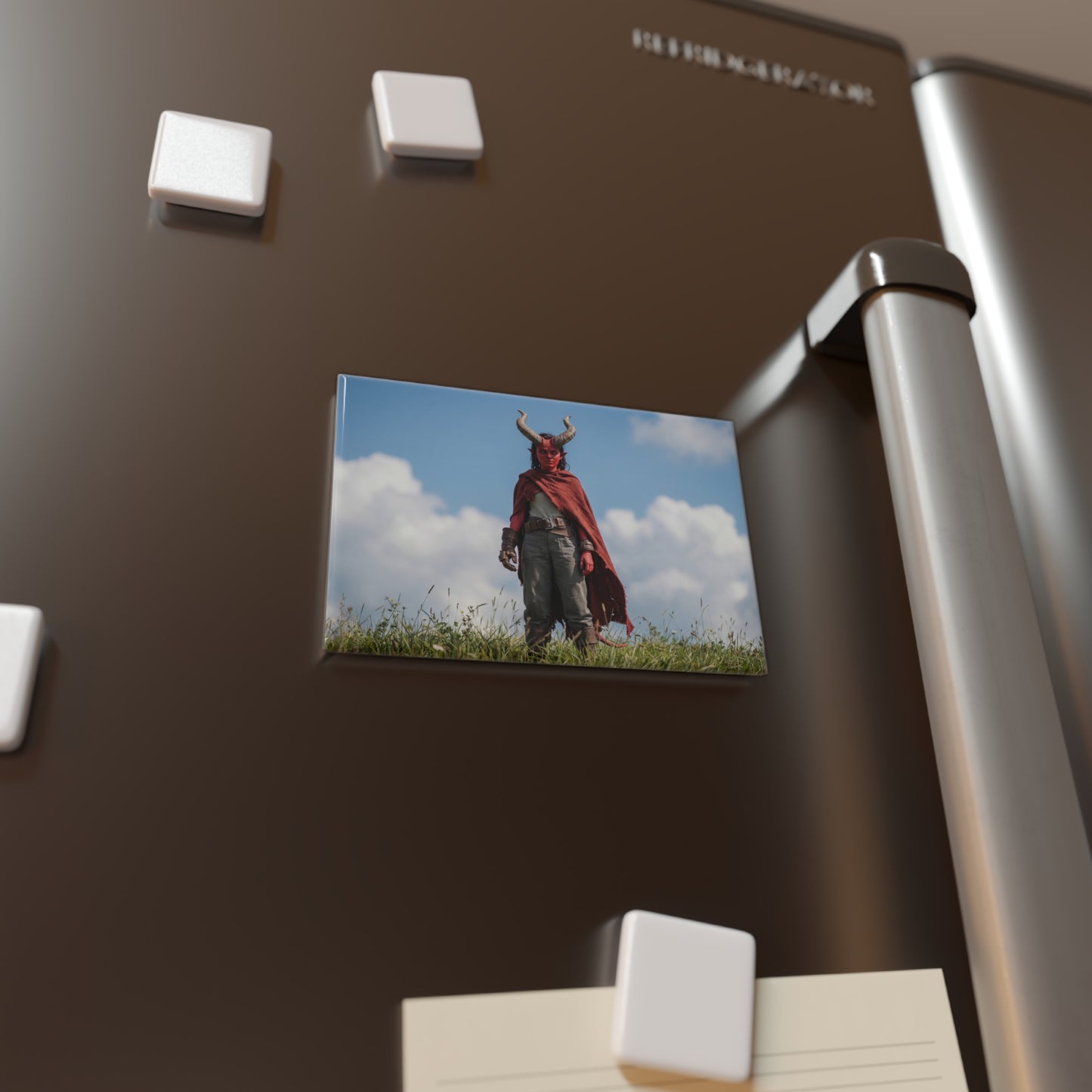 Red-Skinned Demon Warrior Button Magnet, Rectangle (1 & 10 pcs) – Standing Ground in Sunlit Grass
