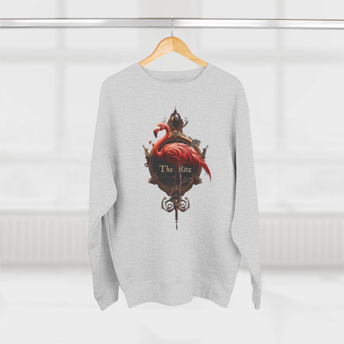 The Ritz Flamingo Unisex Crewneck Sweatshirt – Regal Pink Crest and Ornate Frame