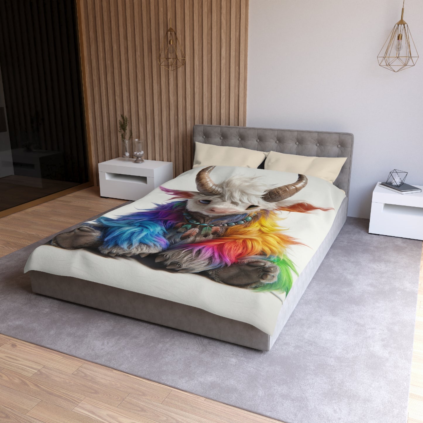 Rainbow Horned Guardian Microfiber Duvet Cover – Softly Glowing Twilight Companion