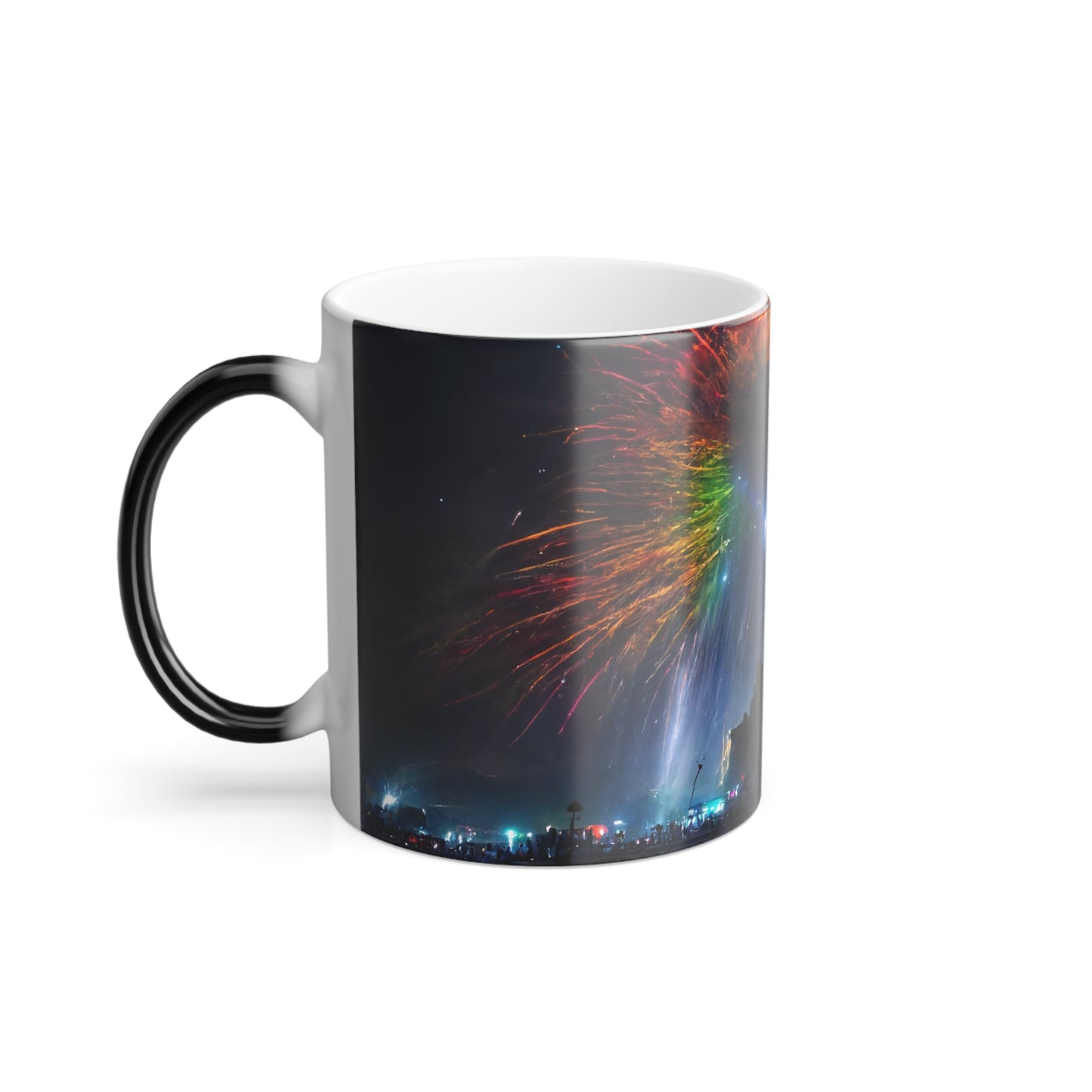 giant rainbow fireworks exploding in the sky, black rock city in the background, lasers and lights illuminating dust, last star in an early morning sky, crowds of people dancing below, award-winning photo, photographic realism - Color Morphing Mug, 11oz