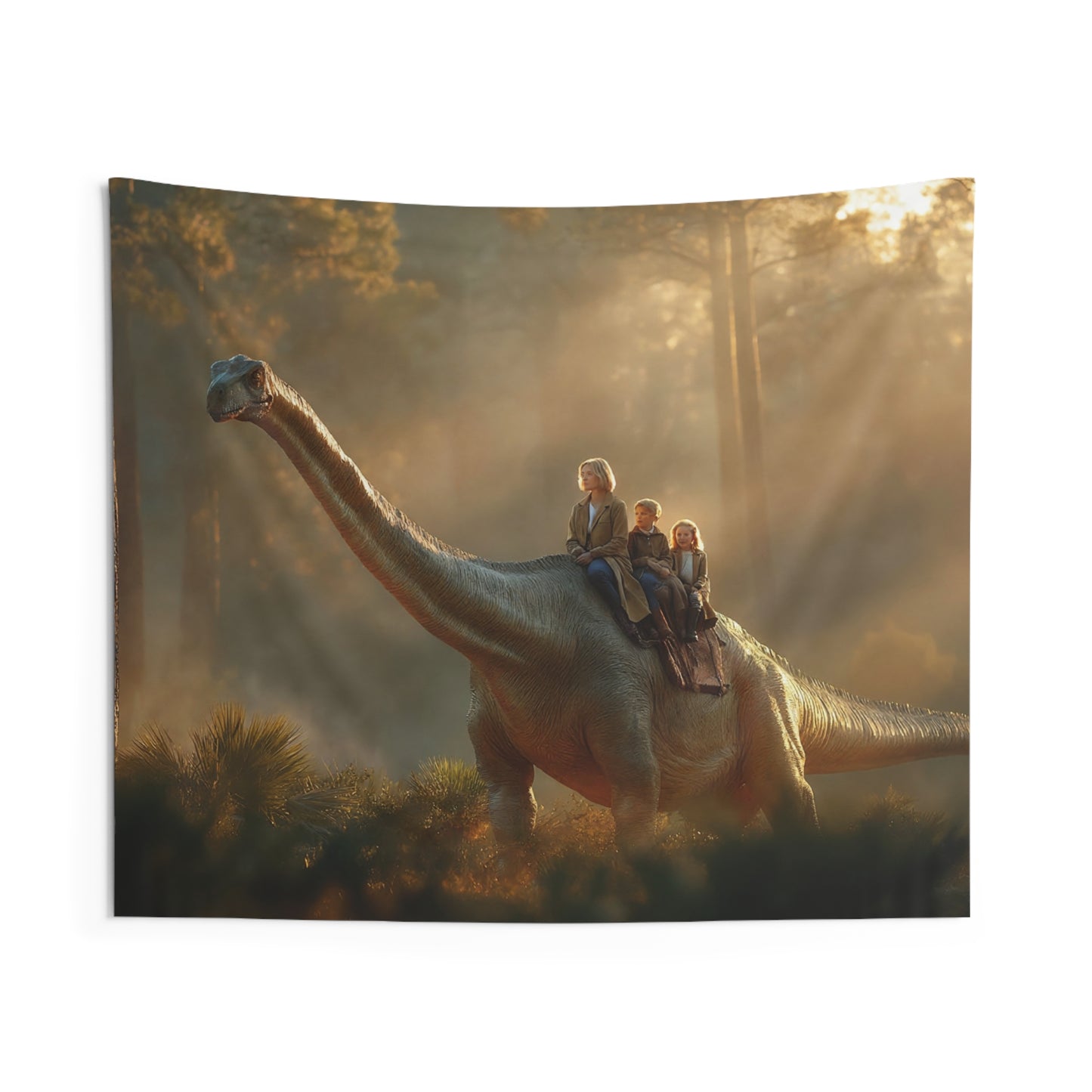 Gentle Dinosaur Ride Indoor Wall Tapestries – Sunset Forest Guardian