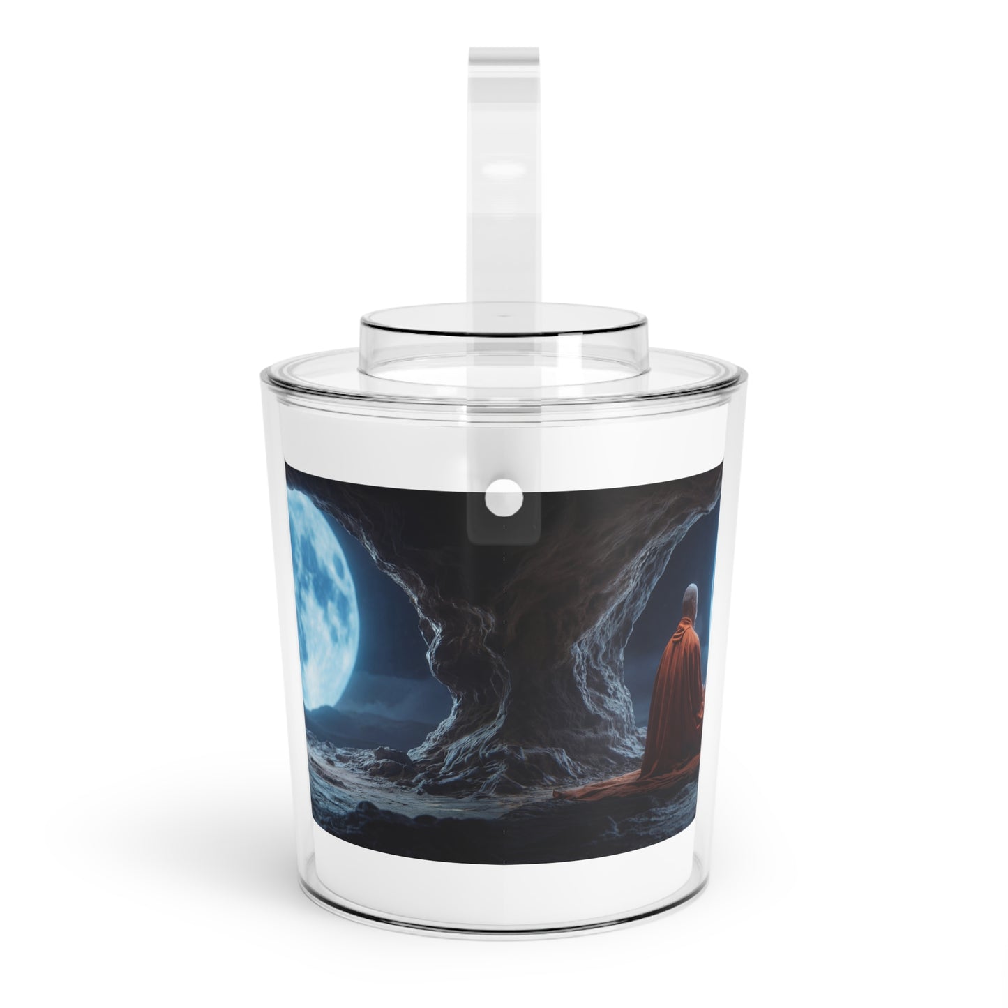 Moonlit Monk Meditation Ice Bucket with Tongs – Serene Cave Sanctuary