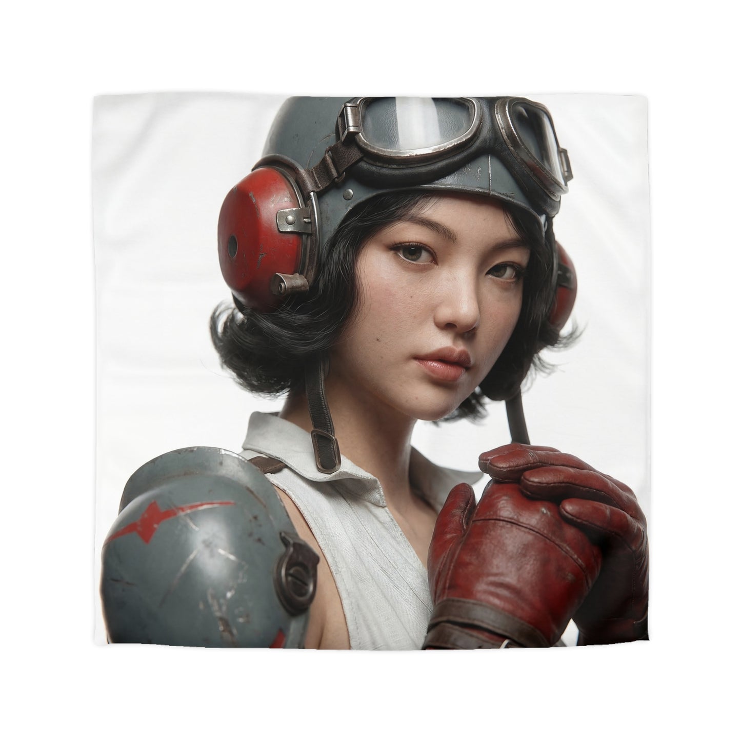 Vintage Pilot Portrait Microfiber Duvet Cover – Crimson Goggles & Steel Helm