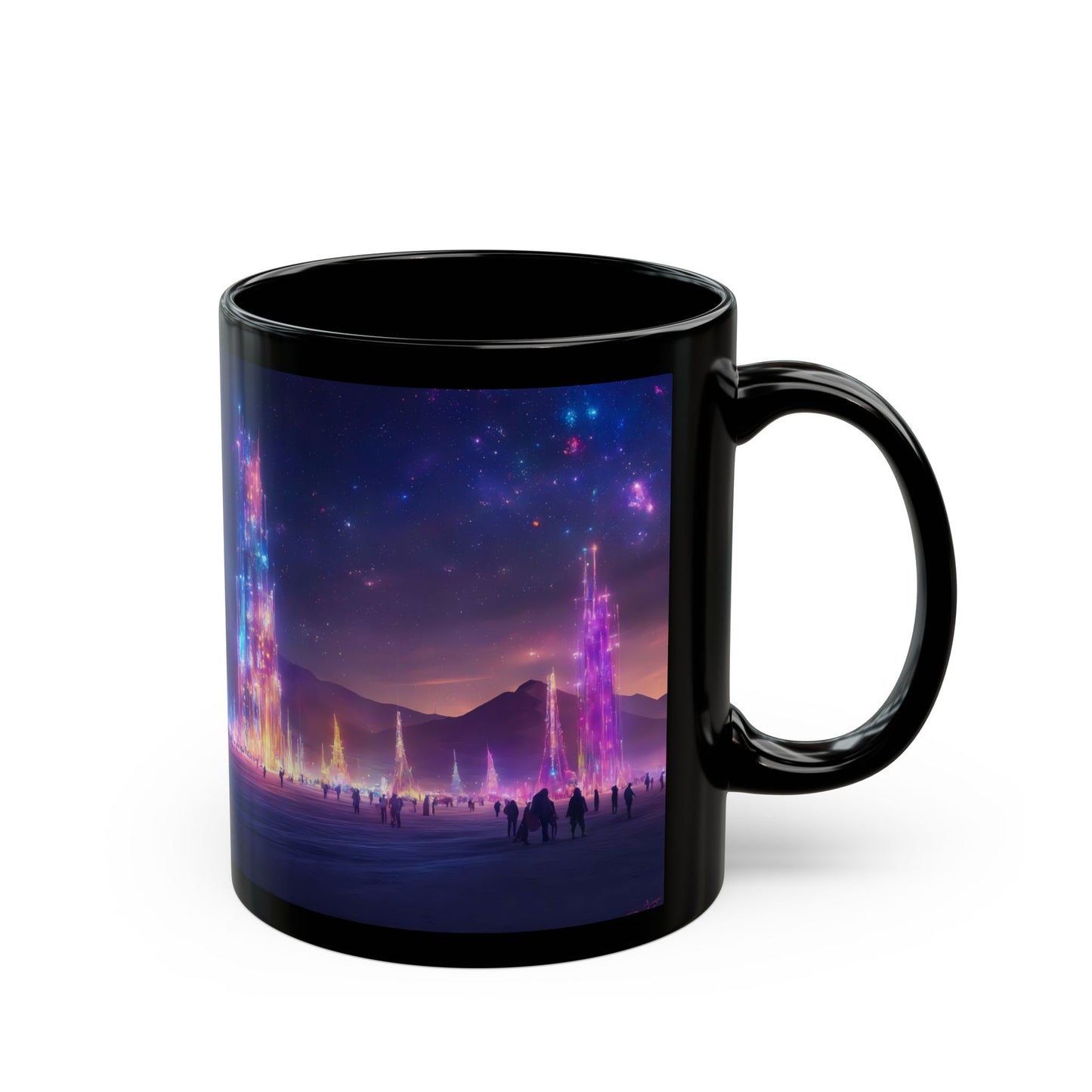 Cosmic Spire Sanctuary Black Mug – Neon Nebula Dreamscape