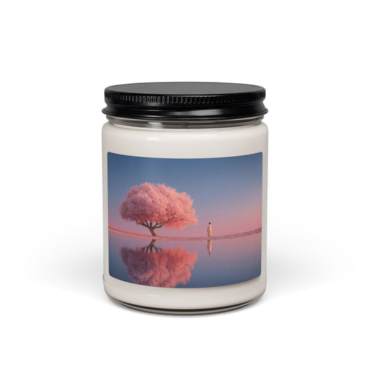 Solitary Pink Blossom Candle – Twilight Reflections in Still Water