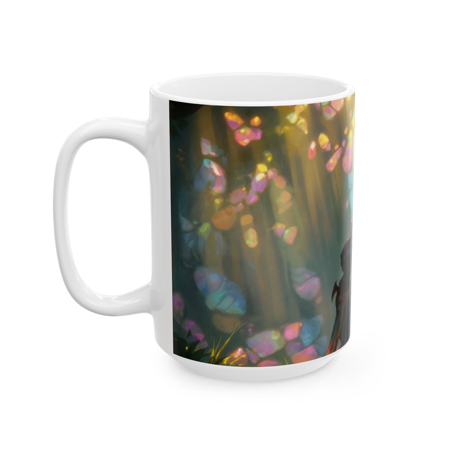 Sunlit Forest Sentinel Ceramic Mug – Amber Light and Whispering Crystals