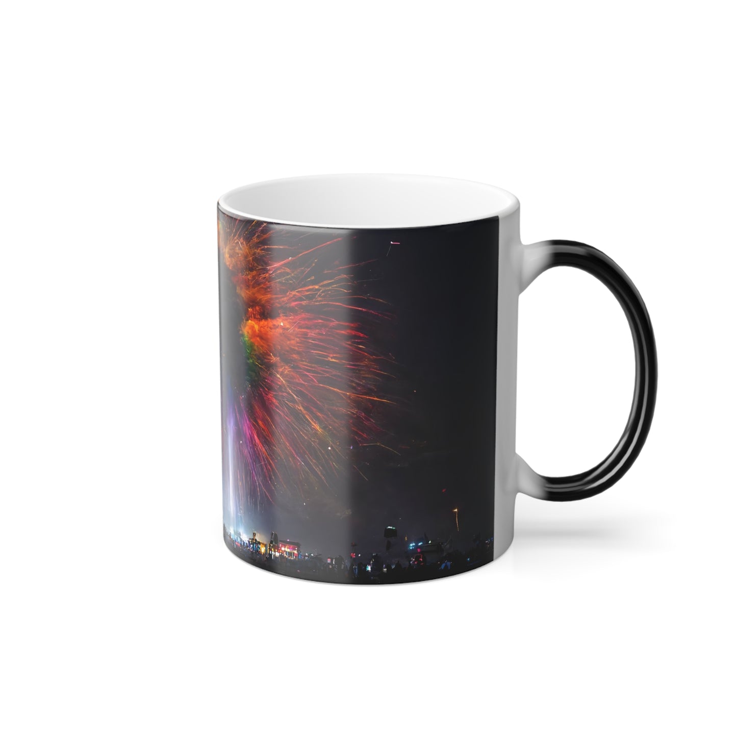 giant rainbow fireworks exploding in the sky, black rock city in the background, lasers and lights illuminating dust, last star in an early morning sky, crowds of people dancing below, award-winning photo, photographic realism - Color Morphing Mug, 11oz