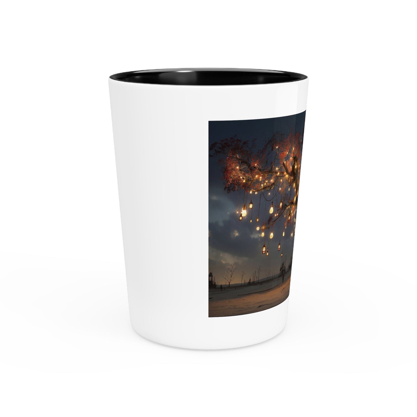 Lantern Tree Shot Glass – Glowing Canopy Against Twilight Sky