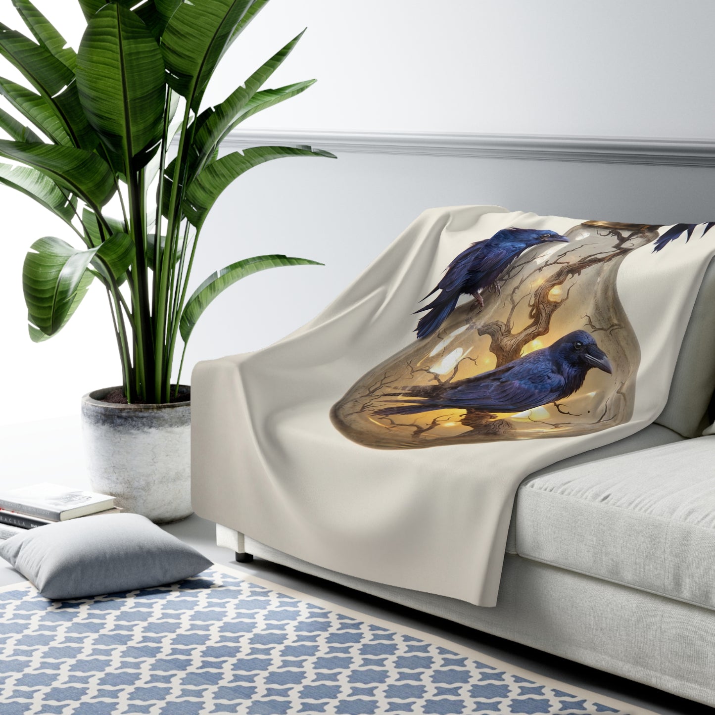 Ravens in the Lightbulb Sherpa Fleece Blanket – Midnight Intelligence Dreamscape