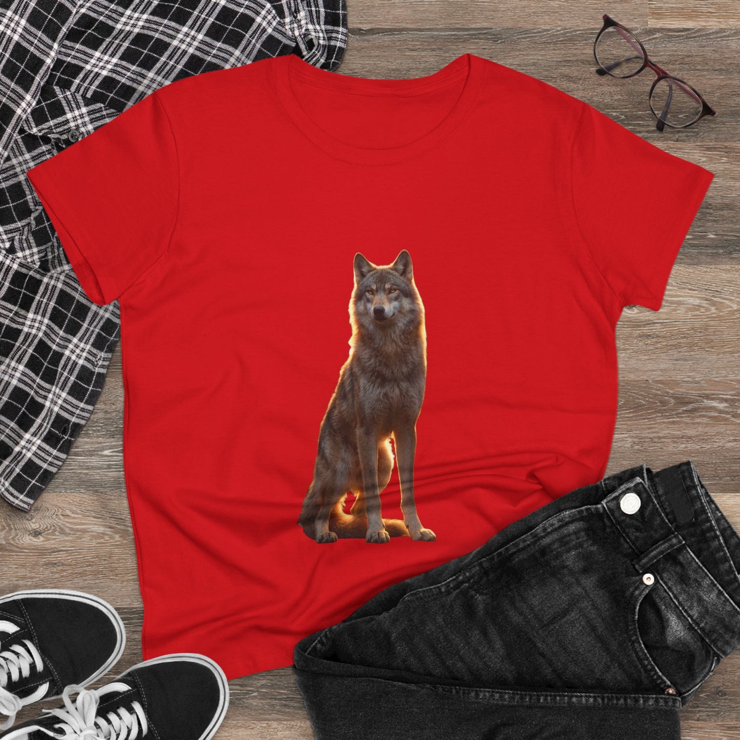 Golden Hour Wolf Women's Midweight Cotton Tee – Sentient Silhouette on Black