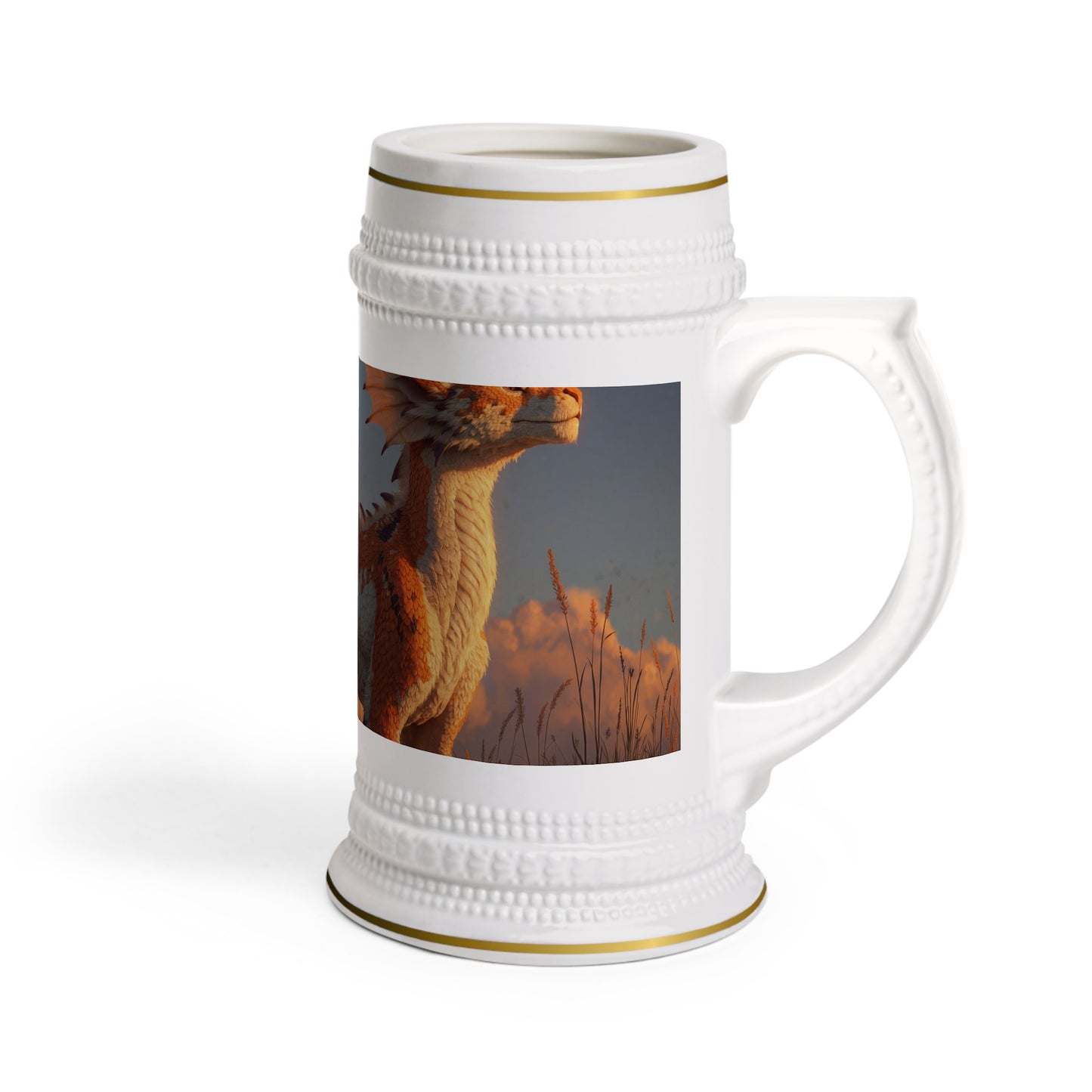 Amber Ridge Dragon Stein Mug – Sunset Guardian with Feathered Tail