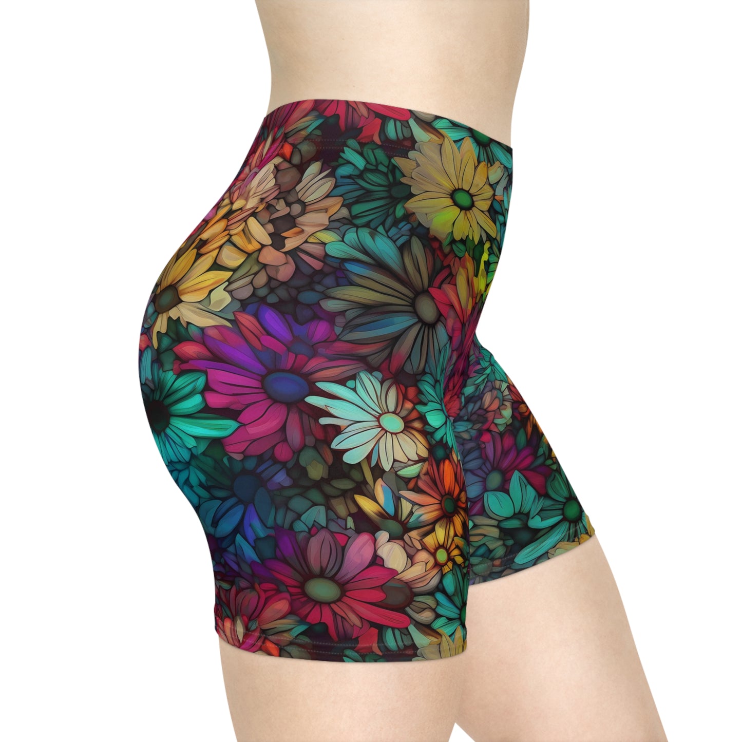 flower camoflage, tiling patern, colorful, rainbow, detailed, magic, fantasy, muted gemstone colors, daisies - Women's Biker Shorts