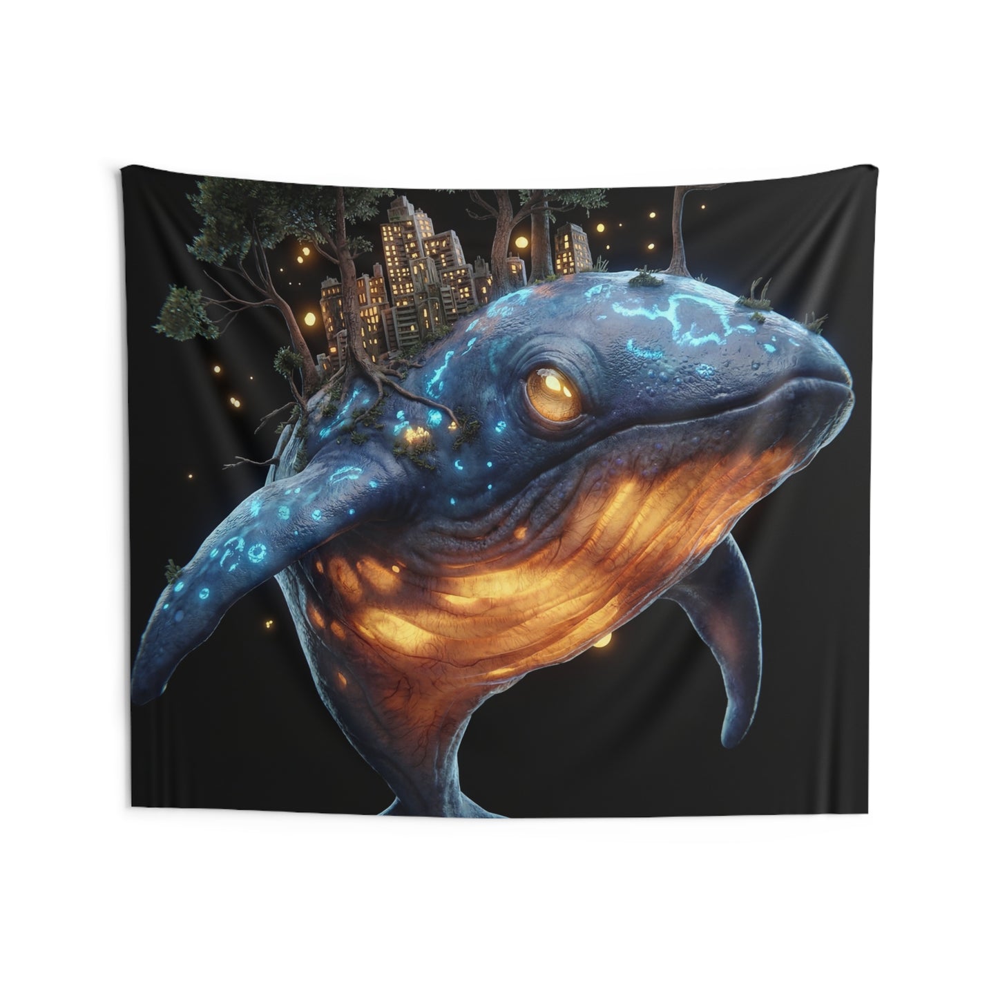 Whalesong Cityscape Indoor Wall Tapestries – Bioluminescent Ocean Guardian